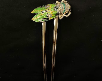 Gold Cicada Hair Fork: Green & Yellow Winged Insect Jewelry, French Twist Hair Pin