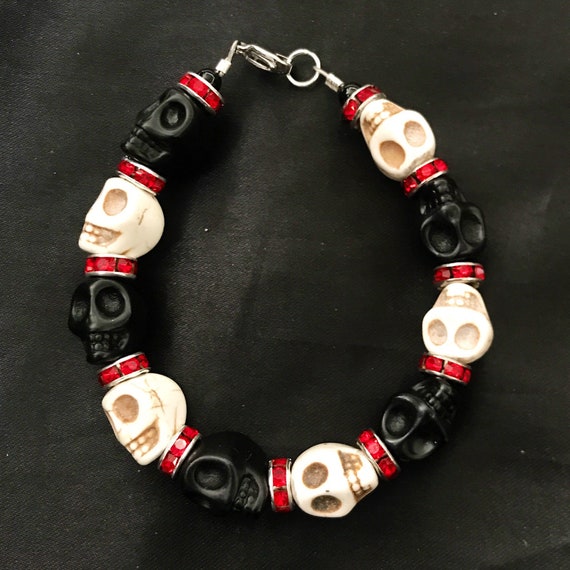 Black White Skull, Skull Beads, Red Gems, Stone Beads, Black White