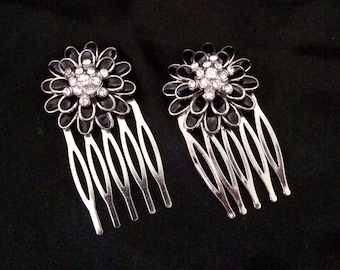 Set Haarkämme, Schwarz Silber, Schwarze Blumen, Schwarzer Blumenkamm, Blumen für Haare, Haarschmuck, Blumen Haarkämme, Schwarze Silber Blume