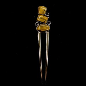 Tigers Eye Hair Fork, Tigers Eye Jewelry, Amethyst Hair Fork, Yellow Reddish Brown, U Shaped, Silver Hair Pin, Strength Self Confidence