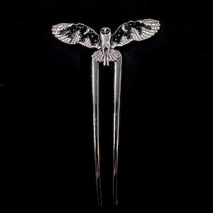 Silver Owl Hair Fork, Night Sky Enamel Scene, Flying Owl Bun Holder