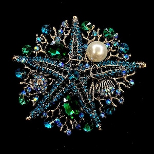 Starfish Brooch, Blue Starfish, Green Starfish, Gold Starfish, Starfish Pin, Sealife Coral, Faux Pearl, Ocean Brooch, Marine Life, Faceted