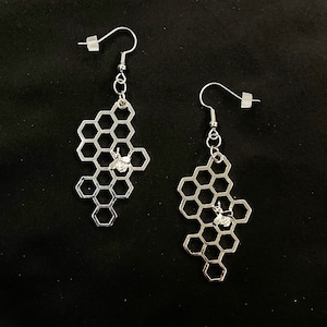 Bee Earrings, Insect Earrings, Silver Bee, Honey Bee, Bumble Bee, Insect Jewelry, Bee Jewelry, Honey Comb, Hexagon Honeycomb, Bee Hive