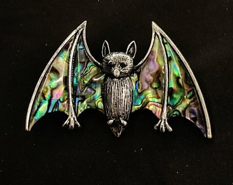 Abalone Bat Brooch: Silver Metal Wing Pin, Gothic Vampire Jewelry