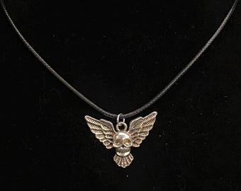 Silver Skull Necklace: Winged Death's Head, Faux Leather Cord