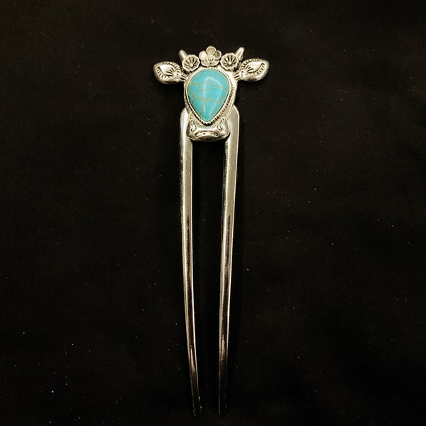 Turquoise Fork, Turquoise Hair Fork, Steer Head, Cattle Hair Fork, Turquoise Stone, Faux Turquoise, Silver Hair Fork, Cow Head