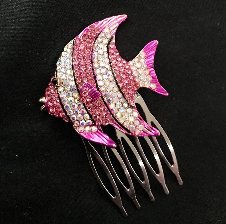 Pink Fish Hair Comb, Fish Hair Comb, Hair Comb, Pink White, Striped Fish, Tropical Fish, Jeweled Fish, Striped Tropical Fish, Pink Hair Comb image 1