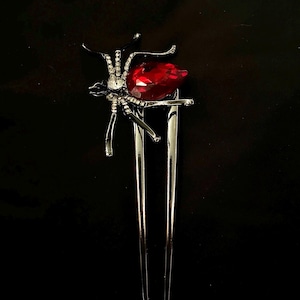 Black Spider, Spider Hair Fork, Silver Hair Fork, Spider Jewelry, Dark Red Spider, Arachnid Hair Fork, Entomology Hair Fork