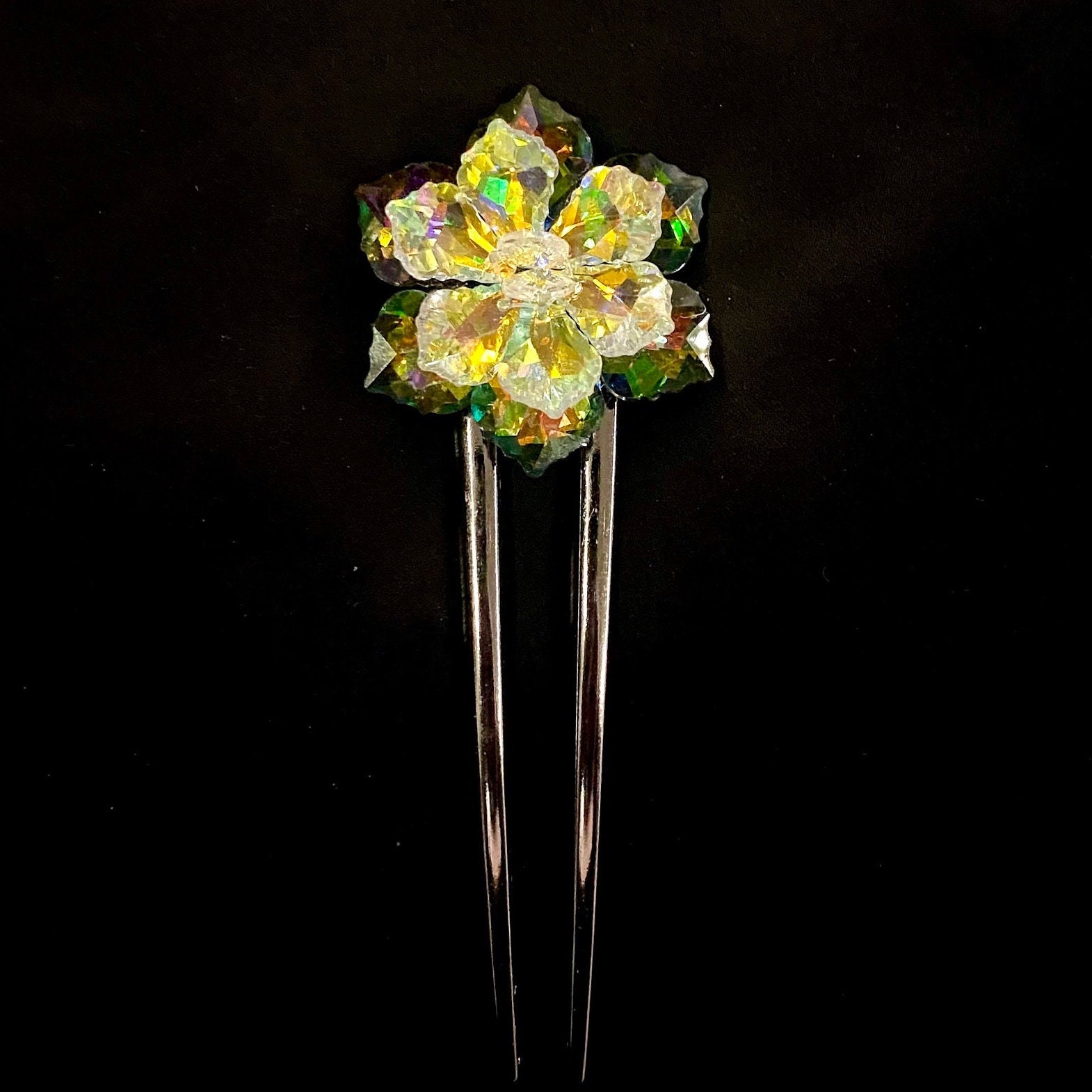 Flower Hair Fork, Crystal Flower, Crystal Rose, Green Flower, Green Rose, Faceted Gems, Flowers For Hair, U Shaped Hair Fork