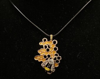 Bee Necklace, Honey Comb, Bee Hive, Yellow Bee, Black Yellow Bee, Honey Bee, Bumble Bee, Bee Pendant, Insect Pendant, Bee Jewelry