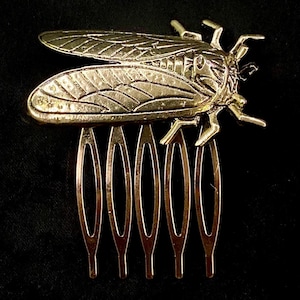Op de afbeelding: Een goudkleurige haar kam met een gedetailleerd cicade-ontwerp. Het insect heeft getextureerde vleugels en een lichaam, gemonteerd op een kam met vijf tanden. De kam is waarschijnlijk van metaal en geschikt voor diverse kapsels.