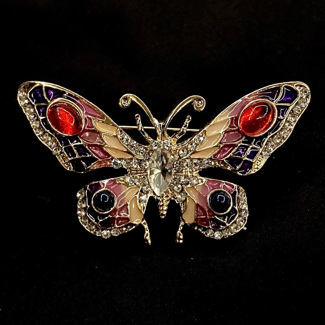 赤い蝶、宝石の蝶、蝶のブローチ、蝶のピン、輝く蝶、赤い蝶、蝶の
