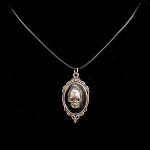 Skull Cabochon Necklace: Silver Skeleton Pendant, Faux Leather Cord