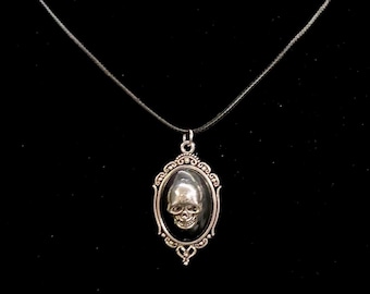 Skull Cabochon Necklace: Silver Skeleton Pendant, Faux Leather Cord