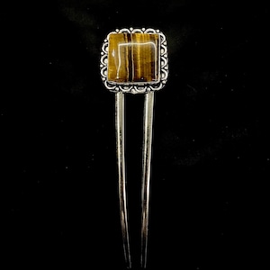 Tigers Eye Hair Fork, Tigers Eye Jewelry, Yellow Reddish Brown, Metal Hair Fork, U Shaped, Silver Hair Pin, Strength Self Confidence
