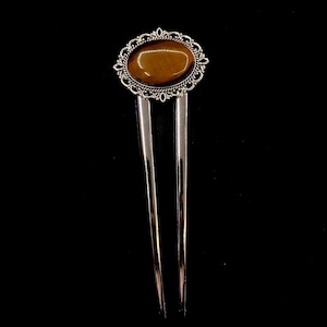 Tigers Eye Hair Fork, Tigers Eye Jewelry, Yellow Reddish Brown, Metal Hair Fork, U Shaped, Silver Hair Pin, Strength Self Confidence