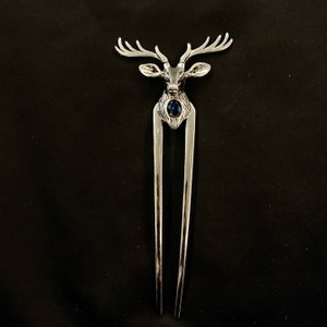 Silver Deer Head, Blue Gem, Deer Antlers, Deer Head Hair Fork, Antlers Hair Fork, Silver Hair Fork, Buck Head, Stag Hair Fork, Bun Holder