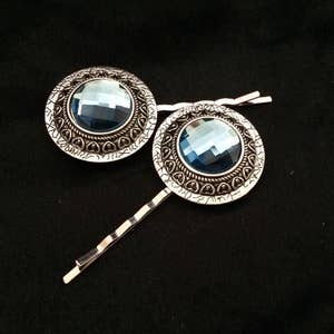 Hair Pins, Circular, Shield, Art Nouveau, Hair Ornament, Blue Jewel, Faceted Crystal, Bobby Pin, Hair Pin, Something Blue, Wedding Hair