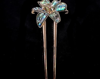 Flower Hair Fork, Abalone Flower, Abalone Hair Fork, Gold Hair Fork, Flower Jewelry, Abalone Jewelry, Hair Pin Bun Holder, Abalone Shell