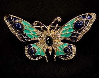 Blue Green White, Jeweled Butterfly, Butterfly Brooch, Butterfly Pin, Sparkling Butterfly, Blue Green Butterfly, Butterfly Jewelry