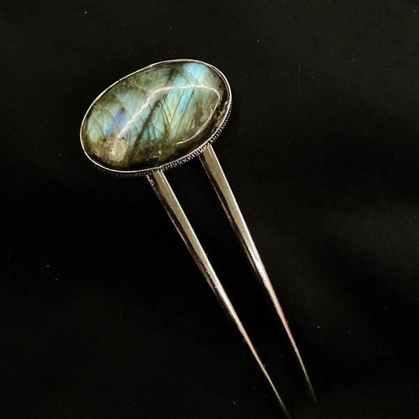 Labradorite Hair Fork, 925 Silver, Iridescent Stone, Blue Stone Hair, Blue Flash, Color Shifting, Metal Hair Fork, U Shaped