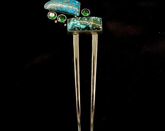 Turquoise Fork, Diopside Hair Fork, 925 Silver, Turquoise Hair Fork, Tibetan Turquoise, Blue Green Silver, Silver Hair Fork, Something Blue
