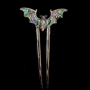 Abalone Bat, Abalone Hair Fork, Silver Bat, Bat Hair Pin, Bat Hair Fork, Goth Hair Fork, Silver Hair Fork, Bat Jewelry, Halloween Hair