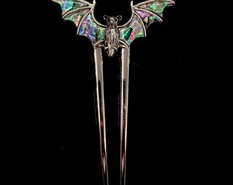 Abalone Bat, Abalone Hair Fork, Silver Bat, Bat Hair Pin, Bat Hair Fork, Goth Hair Fork, Silver Hair Fork, Bat Jewelry, Halloween Hair