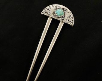 Turquoise Hair Fork, Turquoise Hair, Turquoise Stone, Faux Turquoise, Silver Hair Fork, Something Blue, Turquoise Concho, U Shaped Hair Fork