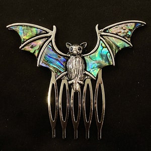 Abalone Bat, Abalone Hair Comb, Silver Bat, Bat Hair Comb, Goth Hair Comb, Silver Hair Comb, Bat Jewelry, Halloween Hair Comb