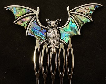 Abalone Bat, Abalone Hair Comb, Silver Bat, Bat Hair Comb, Goth Hair Comb, Silver Hair Comb, Bat Jewelry, Halloween Hair Comb