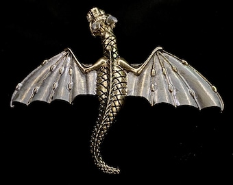 Gold Dragon Barrette With Silver Enamel Wings, Wide Ponytail Clip