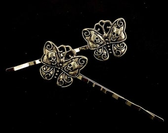 Silver Skull, Set Of Hair Pins, Halloween Hair, Skull Hair Pin, Skull Butterfly, Skull Bobby Pin, Skull Bobby Pin, Butterfly Hair Pin