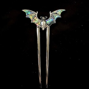 Abalone Bat, Abalone Hair Fork, Silver Bat, Bat Hair Pin, Bat Hair Fork, Goth Hair Fork, Silver Hair Fork, Bat Jewelry, Halloween Hair