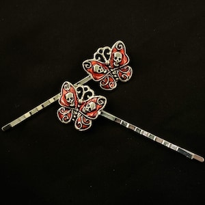 Red Skull, Set Of Hair Pins, Halloween Hair, Skull Hair Pin, Skull Butterfly, Skull Bobby Pin, Skull Bobby Pin, Butterfly Hair Pin