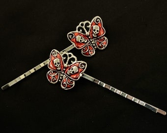 Red Skull, Set Of Hair Pins, Halloween Hair, Skull Hair Pin, Skull Butterfly, Skull Bobby Pin, Skull Bobby Pin, Butterfly Hair Pin