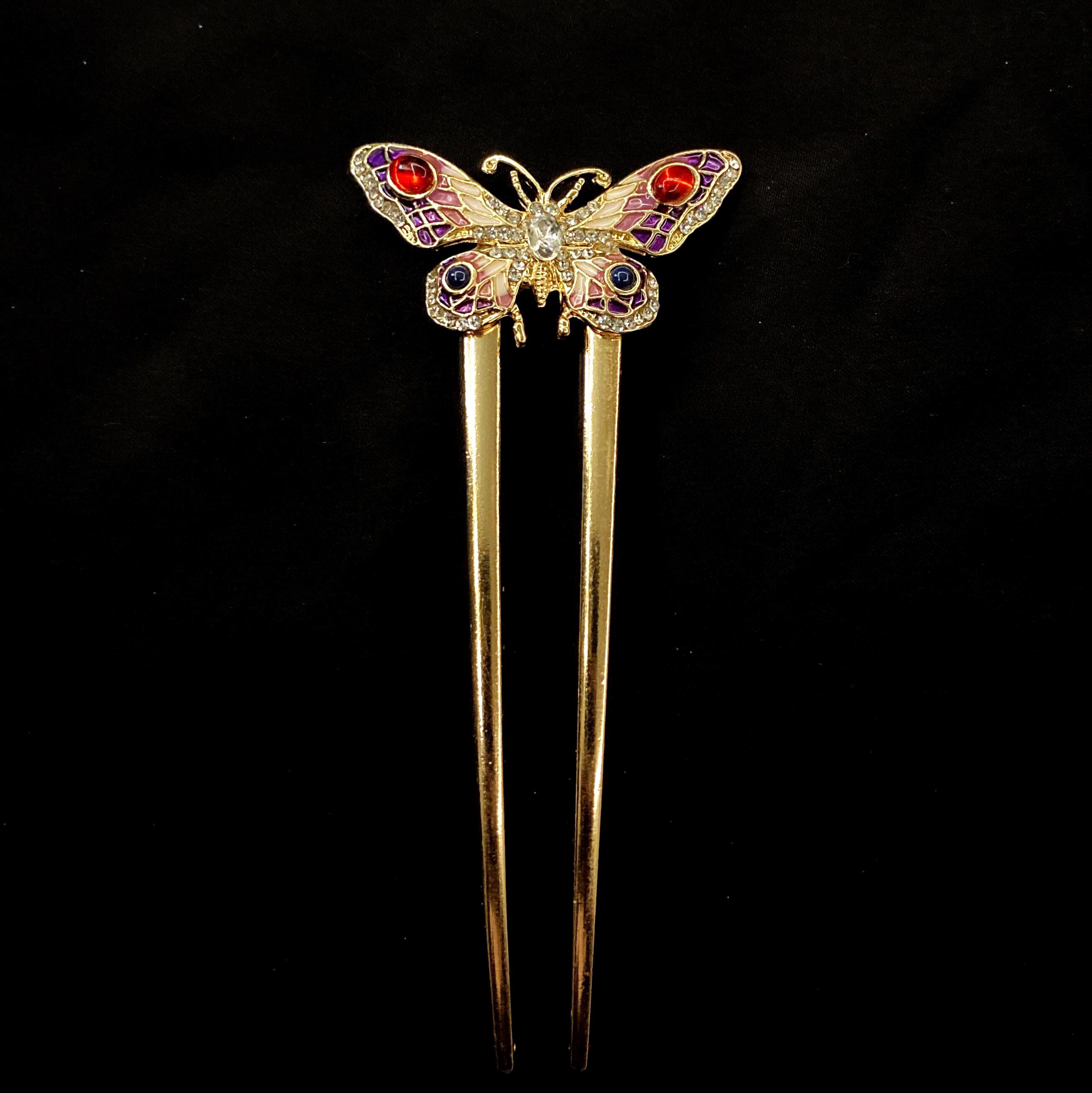 Butterfly Hair Fork, Gold Purple Red, Jeweled Butterfly, Butterfly Hair Fork, Purple Butterfly, Sparkling Butterfly, Red Butterfly