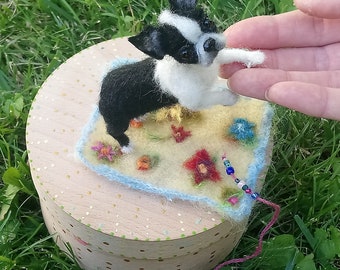 Boston terrier/ Boston Bull Terrier/puppy/miniature/dollhouse/gift/felt animal sculpture/pet memorial/Pet portrait/pet /dog sculpture artist