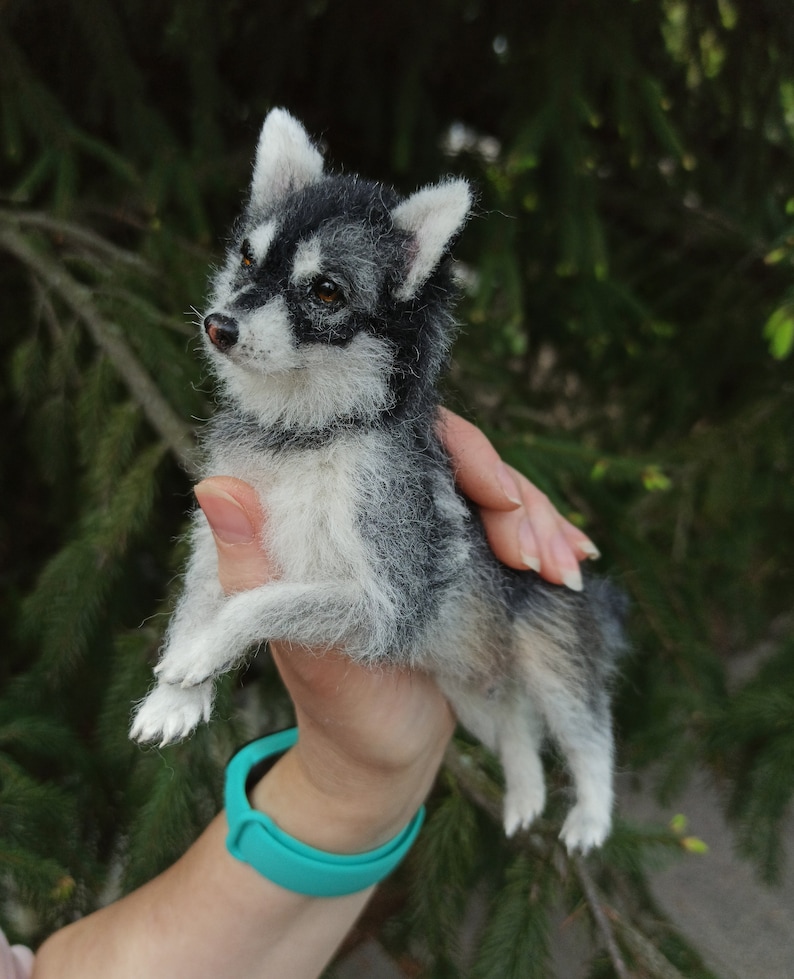 Husky / Miniatuur / Husky hond / Siberische Husky / husky puppy / vilten dierensculptuur / poppenhuis / Aangepast gevilt portret / Huisdier portret / hond sculptuur afbeelding 3