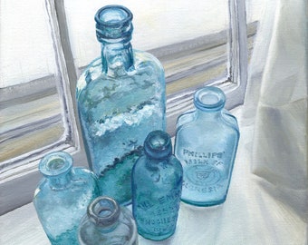 Auntie's Bottles, Giclee fine art print on 290gsm 100% cotton paper, from original oil painting by Emily Lee