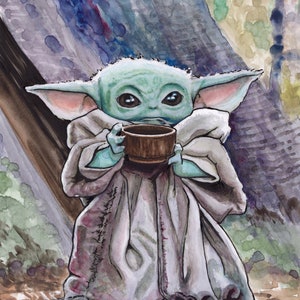 Grogu, Giclee Fine Art Print auf 290 gsm 100% Baumwollpapier, von Tusche/Aquarell Fan Art Gemälde von Emily Lee