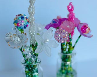 Mini Beaded Forever Flower Bouquet Vase- Handmade Bead Floral Arrangement - Mini Gift Decor