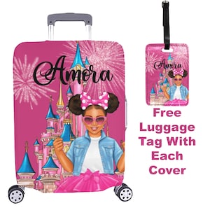 Zwarte jonge dame gepersonaliseerde bagagehoes bagagelabel Afro-Amerikaanse meisje magische vakantie beschermen bagage plus gratis bagagelabel