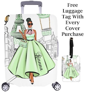 Personalized Green Paris Luggage Cover Luggage Tag African American Woman Sophisticated Stylish Airport Scene Travel Style Protect Luggage