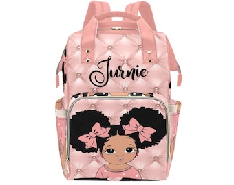 Custom Afro Puffs Brown Baby Couture Personalized Diaper Bag Ethnic Bow Mother Father Backpack Baby Shower Gift