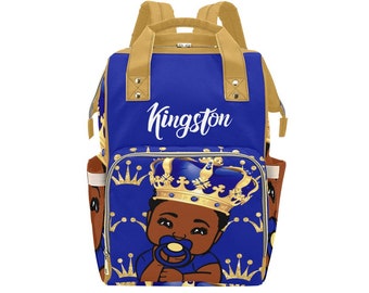 Royal Prince Personalized African American Baby Boy Backpack Diaper Clothing Bottles Bag Unique Print Baby Shower Gift Mommy Daddy
