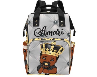 Personalized Black Royal King Baby Boy African American Baby Diaper Backpack Bag Gray Tufted Print Shower Gift Nursery Home Decor