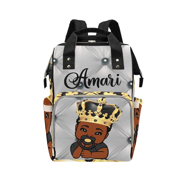 Personalized Black Royal King Baby Boy African American Baby Diaper Backpack Bag Gray Tufted Print Shower Gift Nursery Home Decor