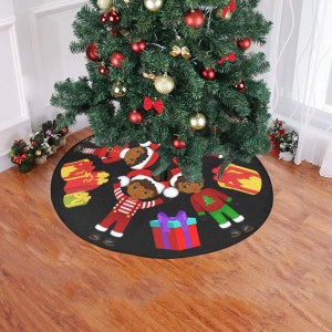 Black Kids Christmas Tree Skirt African American Girls And Boys Print Black