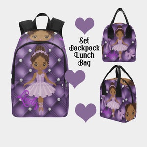 Ballerina Personalized African American Girl Backpack Lunchbox Set Quilted Purple Print Custom Name